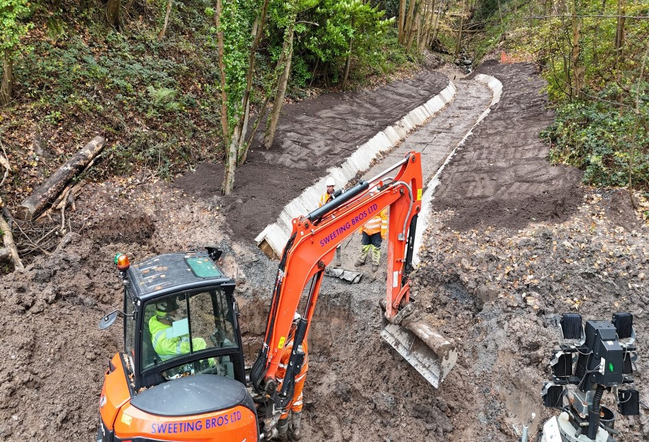 Excavator undertaking environmental protection work at Midgey Gill
